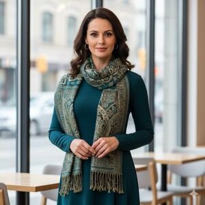 Classic Rectangle Scarf Wrap Women Teal Blue Green Paisley Pattern Fringe Tassel